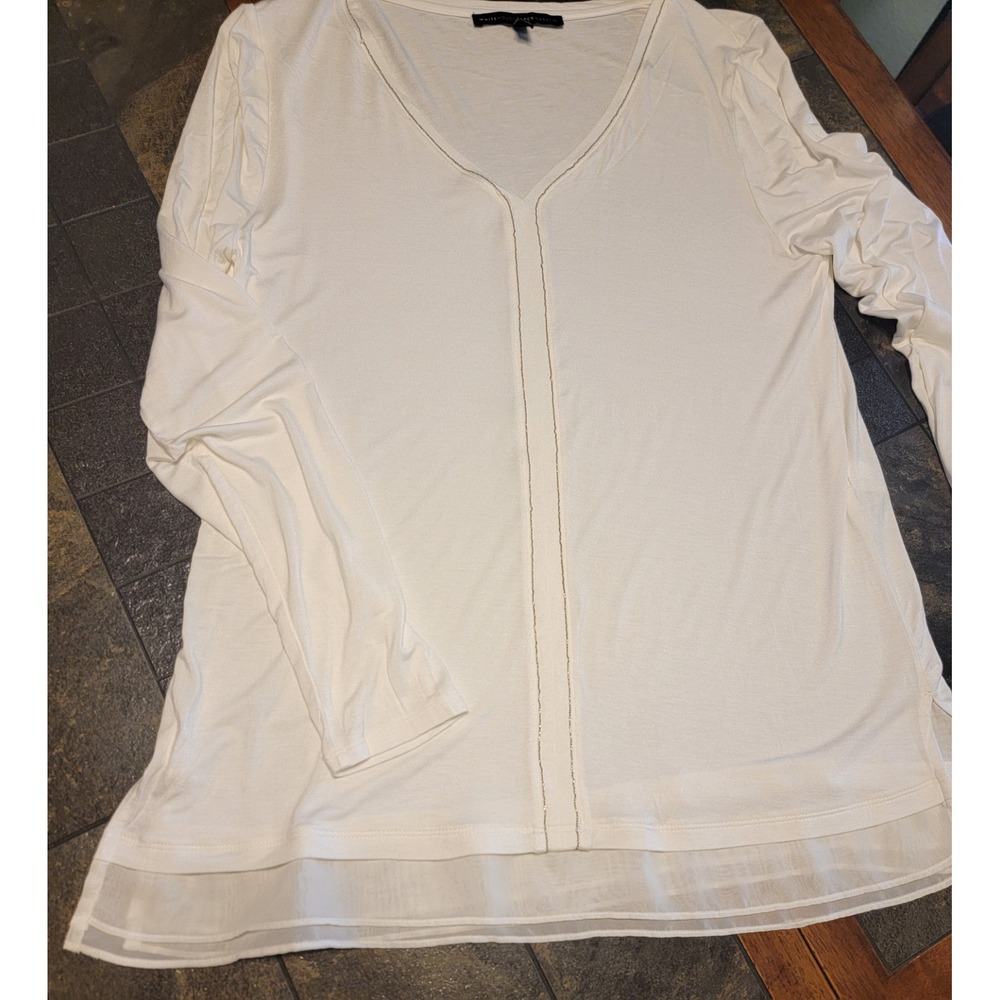 White House Black Market Long Sleeve Silver Bead Trim Blouse Long‎ Length Large - Picture 9 of 11